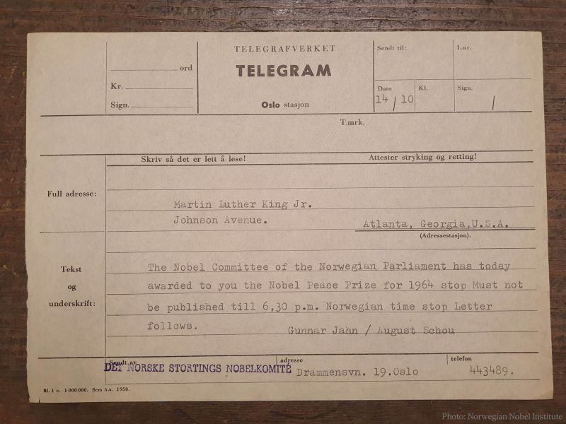 Telegram sent to Martin Luther King Jr. Nobel Peace Prize