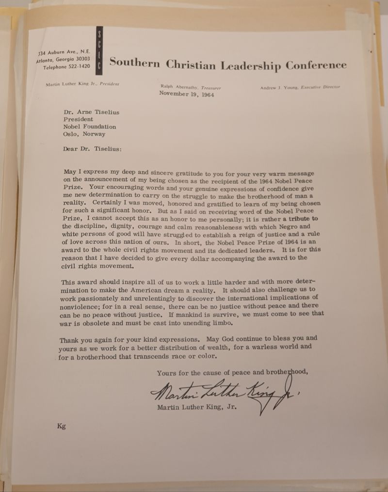 Thank you letter Martin Luther King Jr. sent to the Nobel Foundation